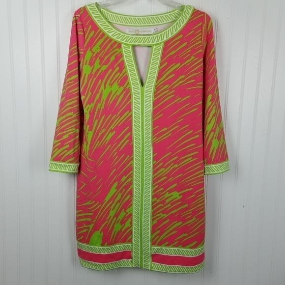Tracy Negoshian Dress Keyhole Neckline Preppy Loose Retro Neon Print Cap Pocket - Picture 11 of 11